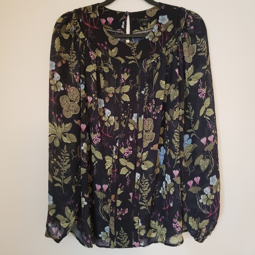 Sheer navy floral/leaf print Ann Taylor blouse